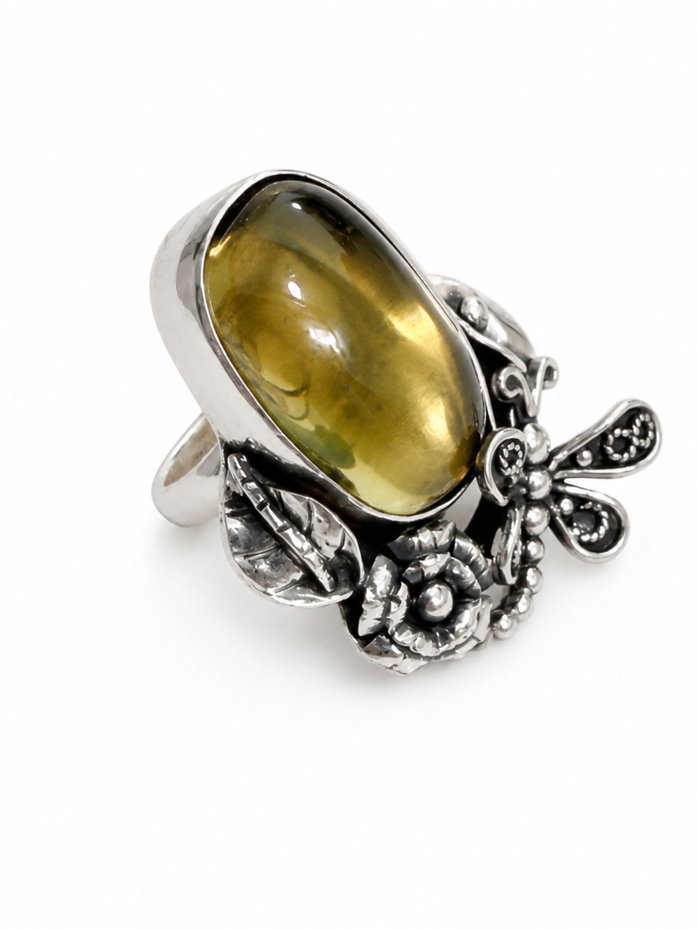 Sterling Silver Citrine Cocktail Ring with Floral Accent